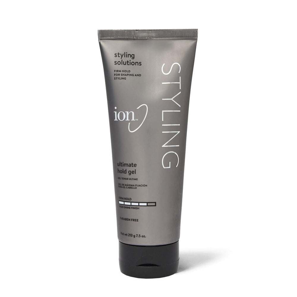 Ion Styling Solutions Ultimate Hold Gel bottle demonstrates firm hold with a lasting finish.
