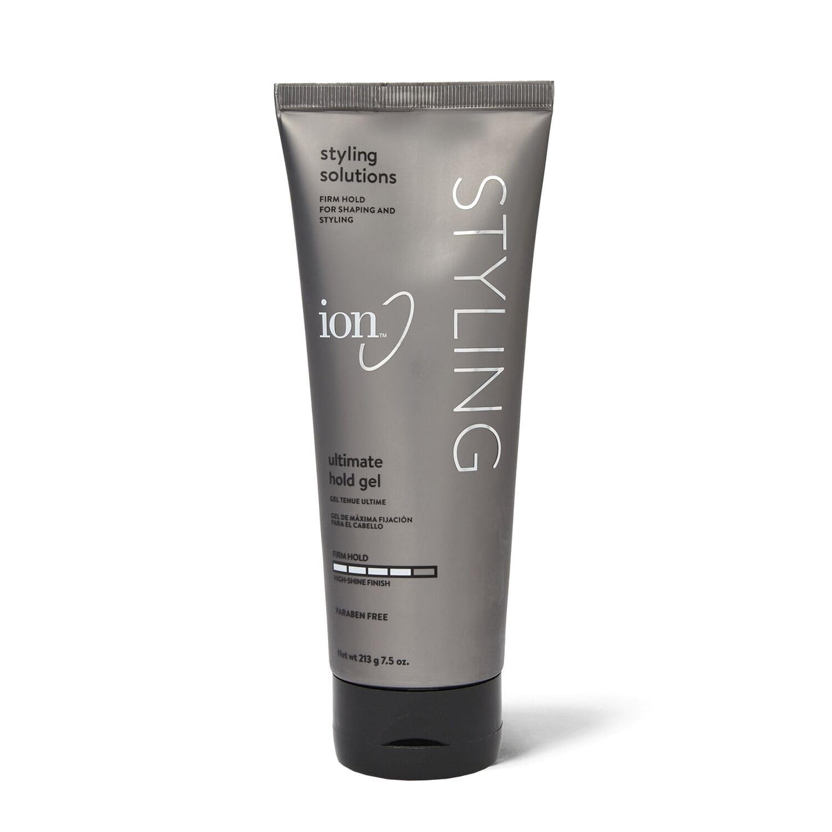 Ion Styling Solutions Ultimate Hold Gel bottle demonstrates firm hold with a lasting finish.