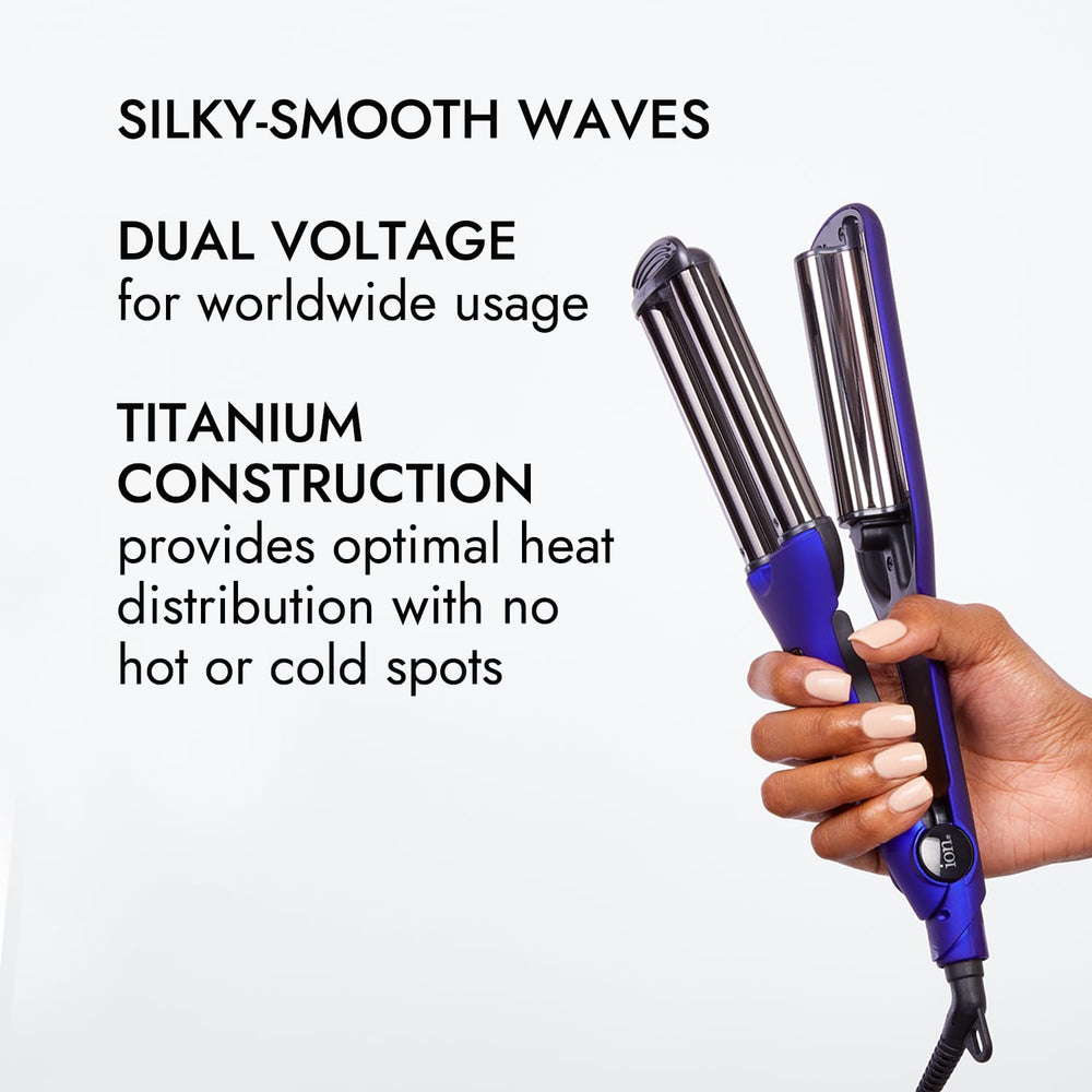 Ion Titanium Triple Barrel Waver waves shown on model for lasting style.