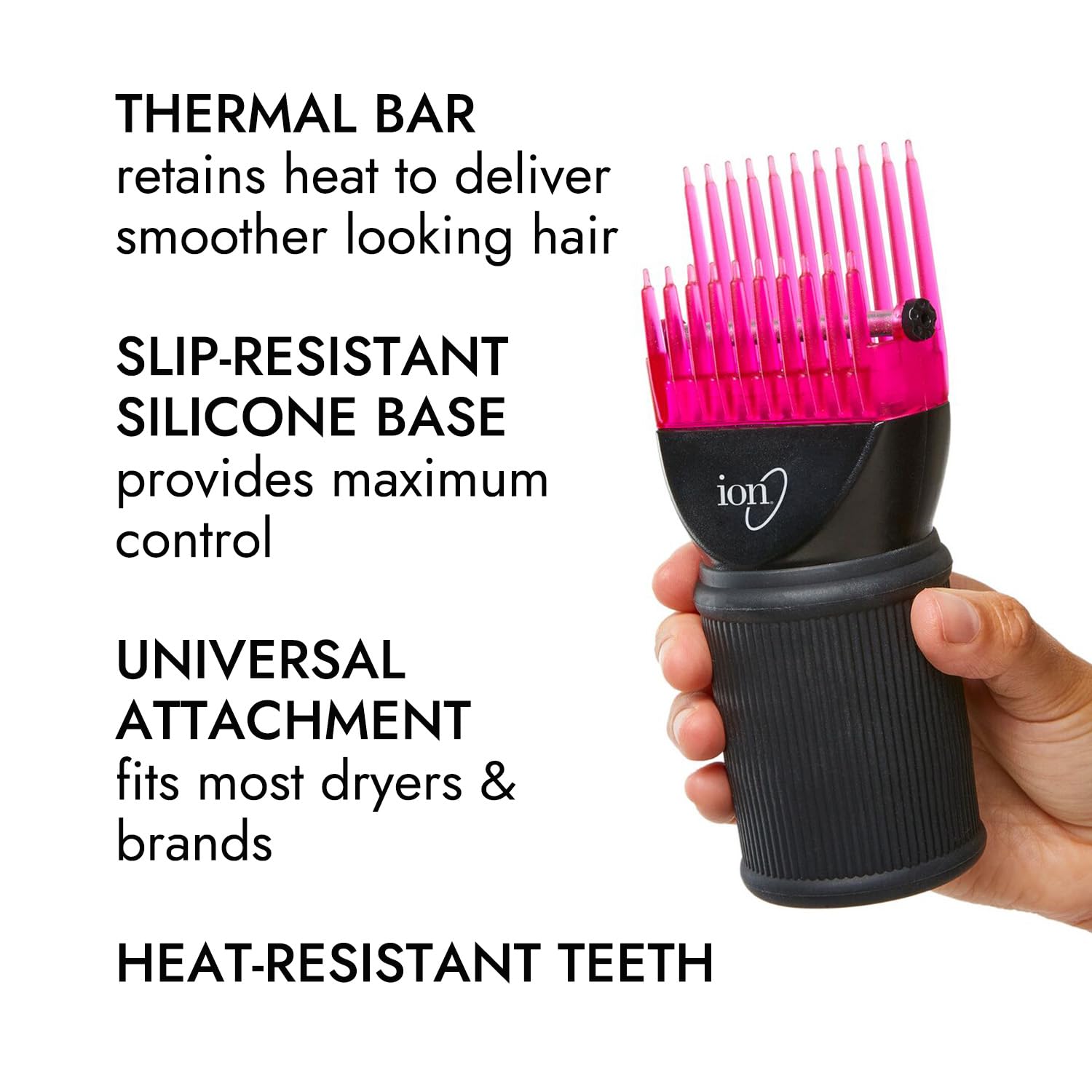 Ion Universal Attachment universal fit shown accommodating many dryer brands