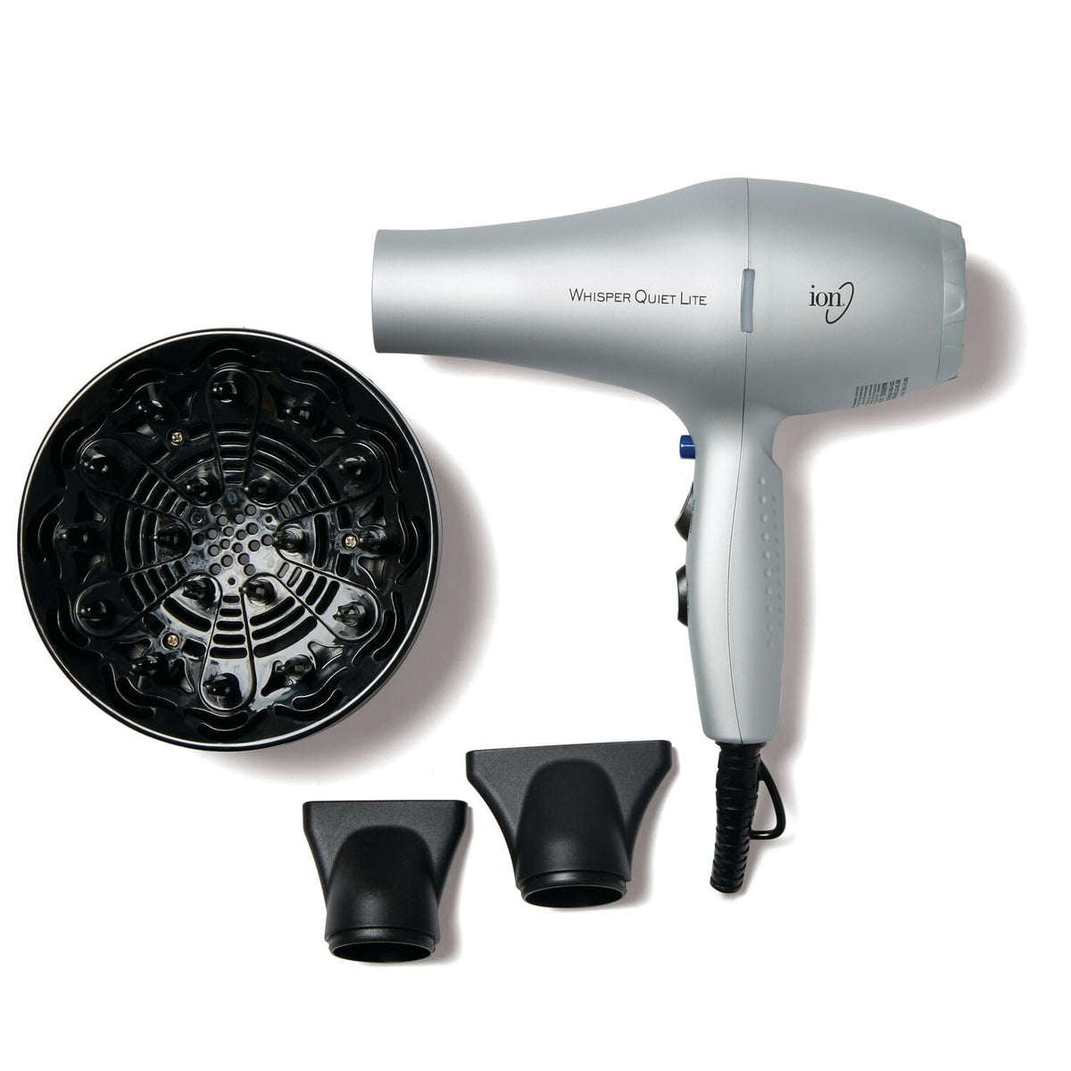 Ion Whisper Quiet Lite dryer front view highlights lightweight design for easy daily styling.