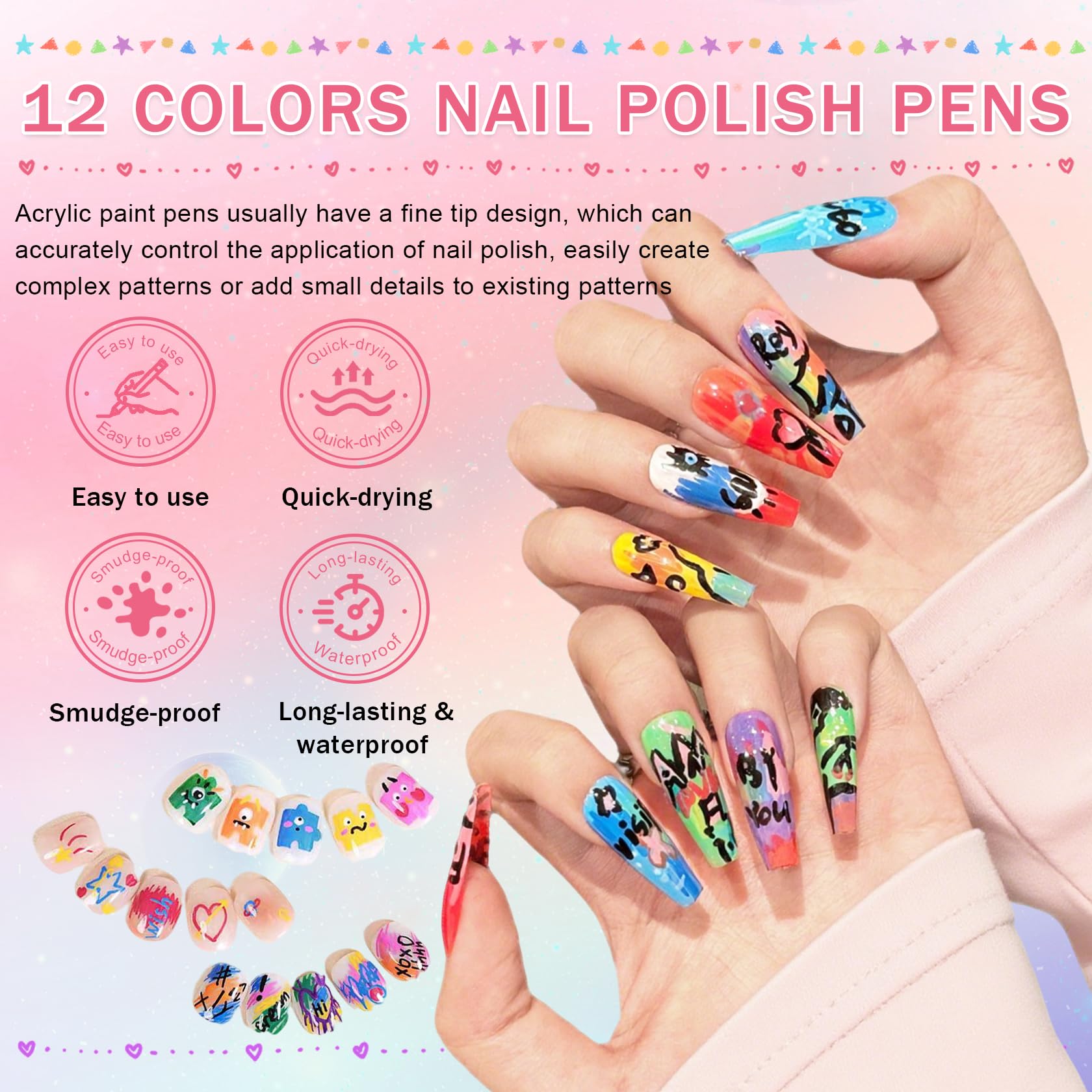 IONSGAKO quick-drying nail art pens demonstrate smooth color flow.