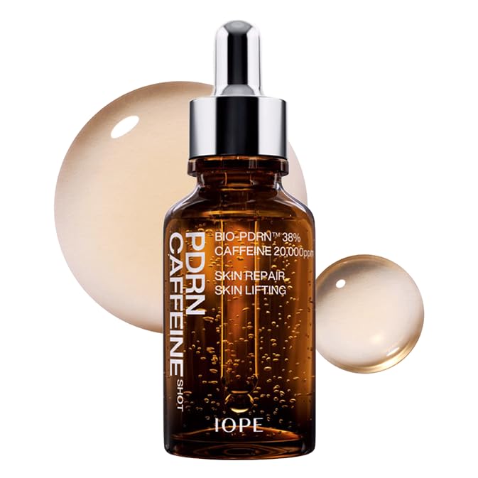 IOPE Bio-PDRN Caffeine Shot Serum bottle close-up highlighting lifting potential and premium packaging.