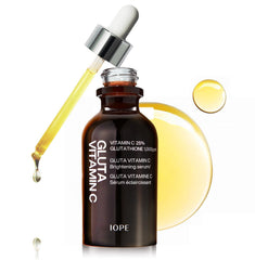 IOPE Gluta Vitamin C Serum bottle closeup showing brightening formula.