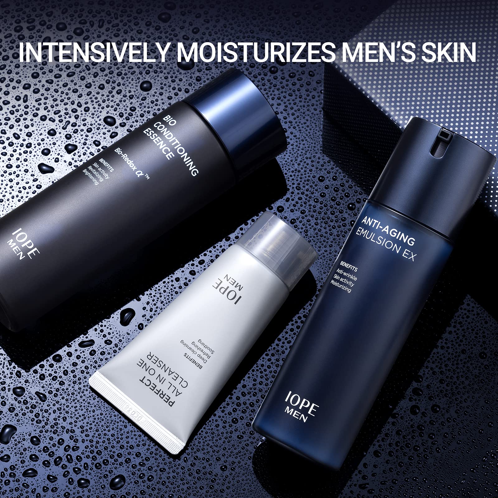 IOPE MEN BIO emulsion bottle highlights lightweight hydration and lasting moisture