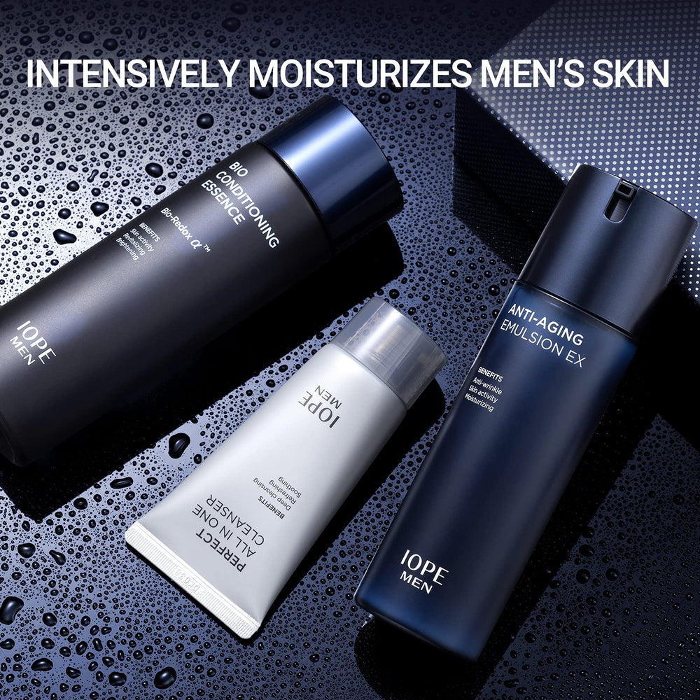 IOPE MEN BIO emulsion bottle highlights lightweight hydration and lasting moisture