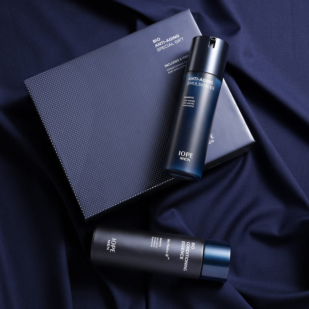 IOPE MEN BIO instruction card featuring step-by-step skincare directions