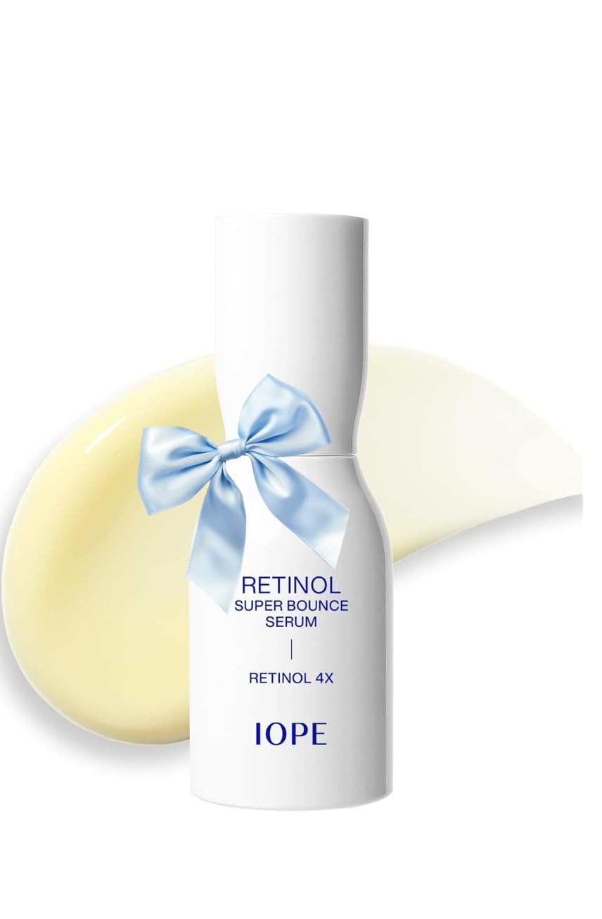 IOPE Retinol Super Bounce Serum bottle closeup highlights beginner-friendly, daily-use benefits