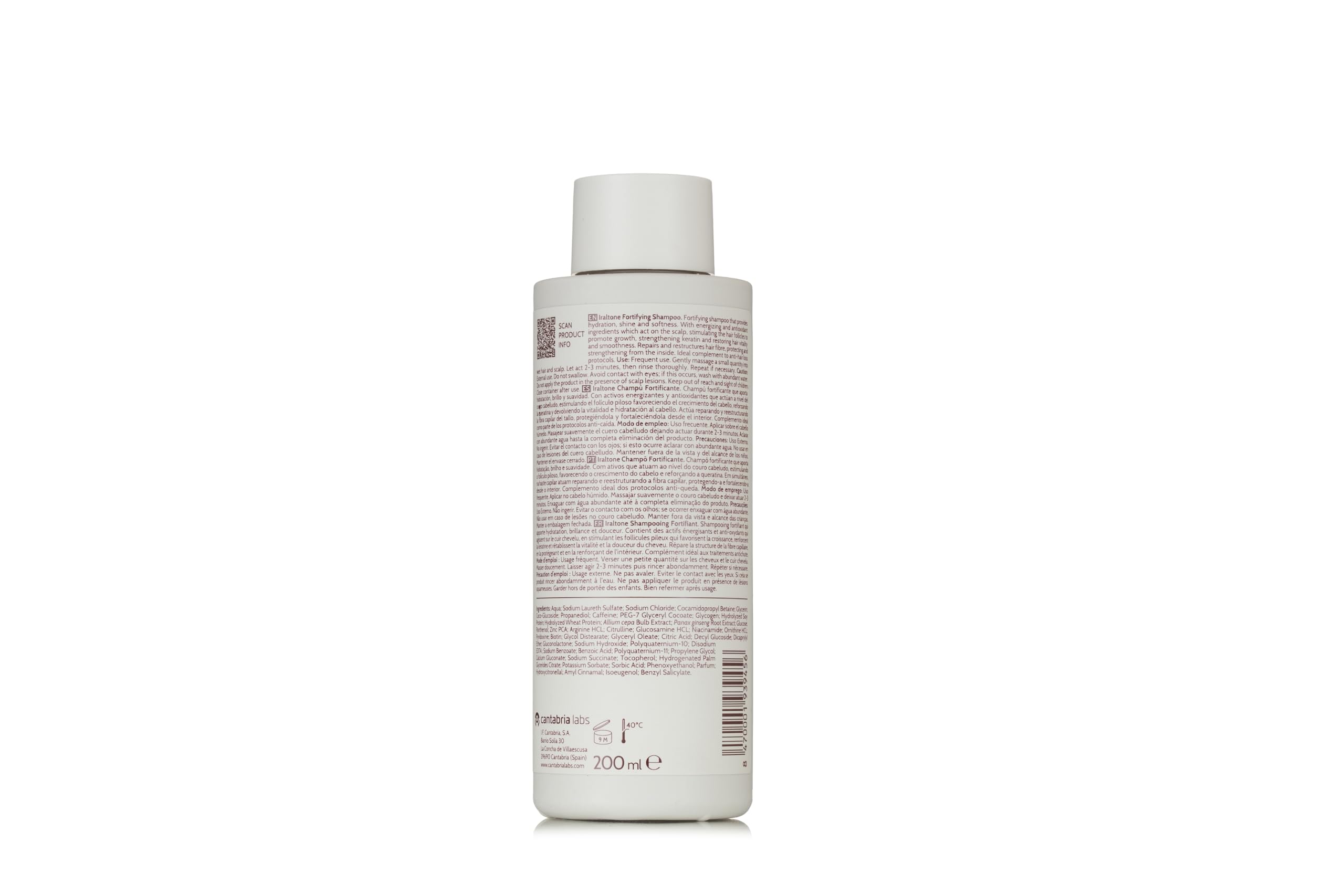 IRALTONE Fortifying Shampoo bottle side view highlighting premium hair protection