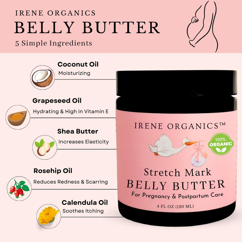 Irene Organics belly butter fragrance-free shows safe, unscented care for mom and baby.