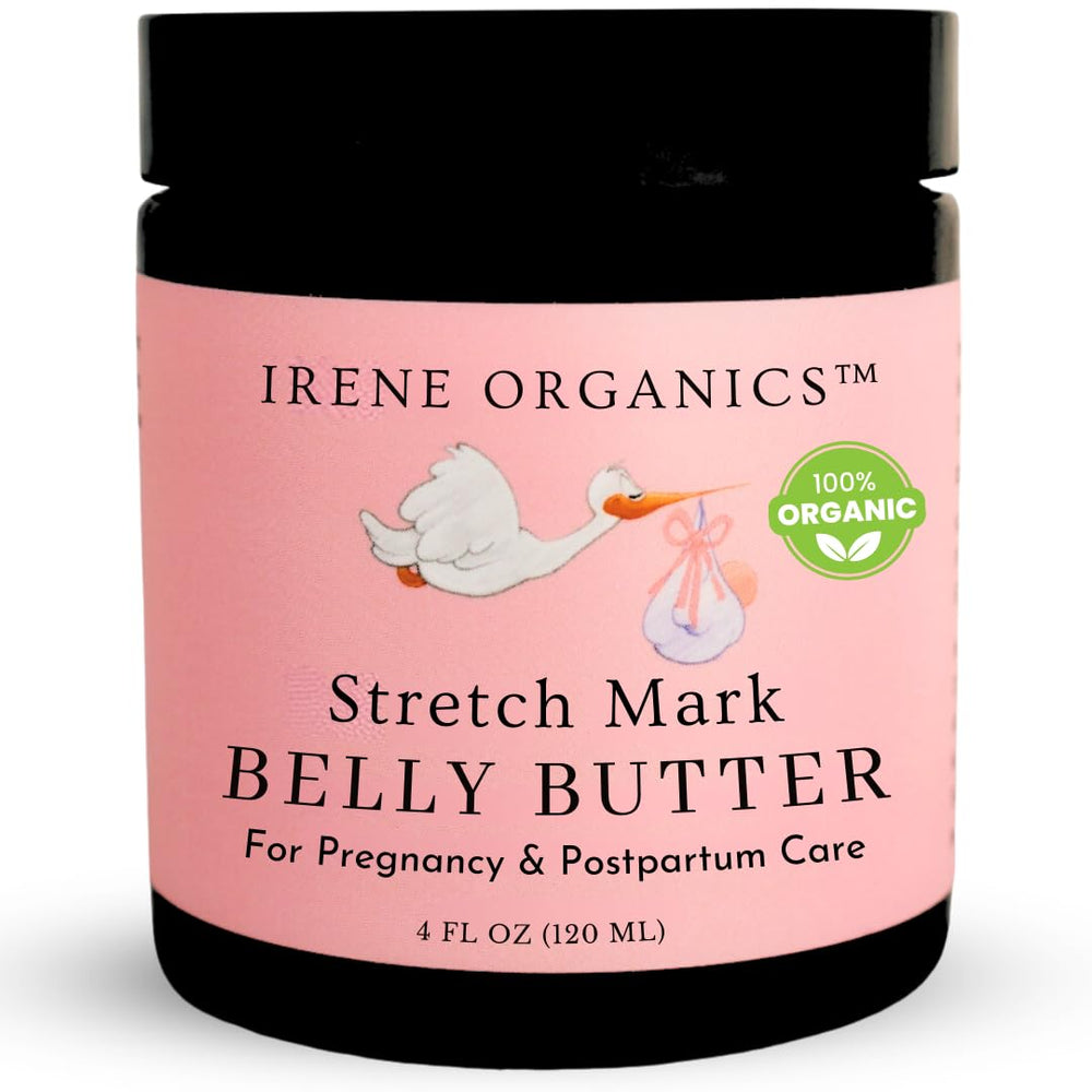Irene Organics belly butter jar closeup showing rich moisturizing cream for pregnancy skin.