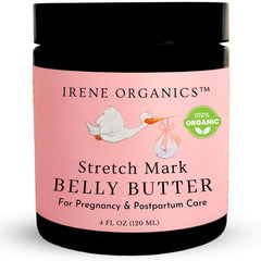 Irene Organics belly butter jar closeup showing rich moisturizing cream for pregnancy skin.