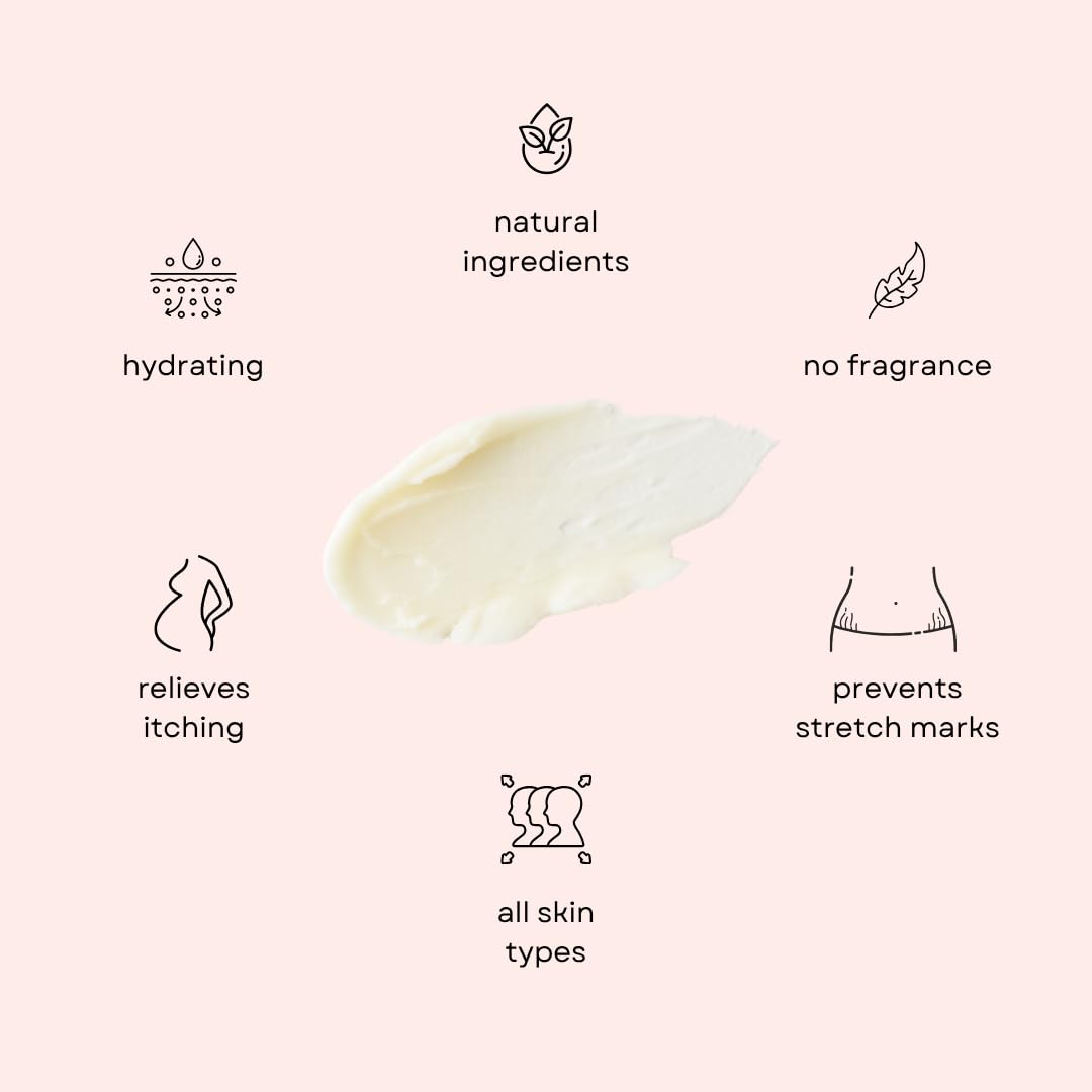 Close-up of Irene Organics belly butter nourishing skin with vitamins