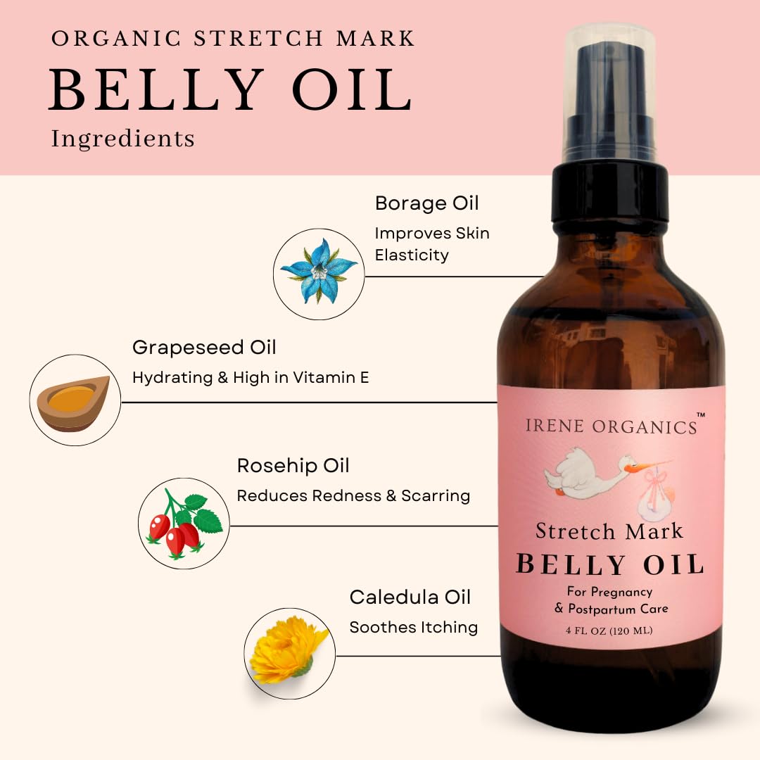 Irene Organics belly oil being massaged in, emphasizing quick absorption.
