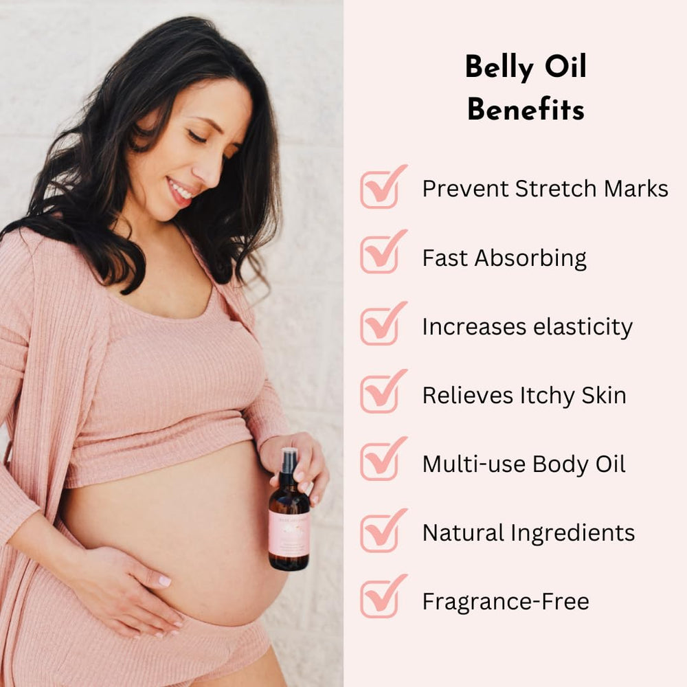 Irene Organics belly oil on belly demonstrates hydration for itchy skin relief.