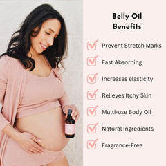 Irene Organics belly oil on belly demonstrates hydration for itchy skin relief.
