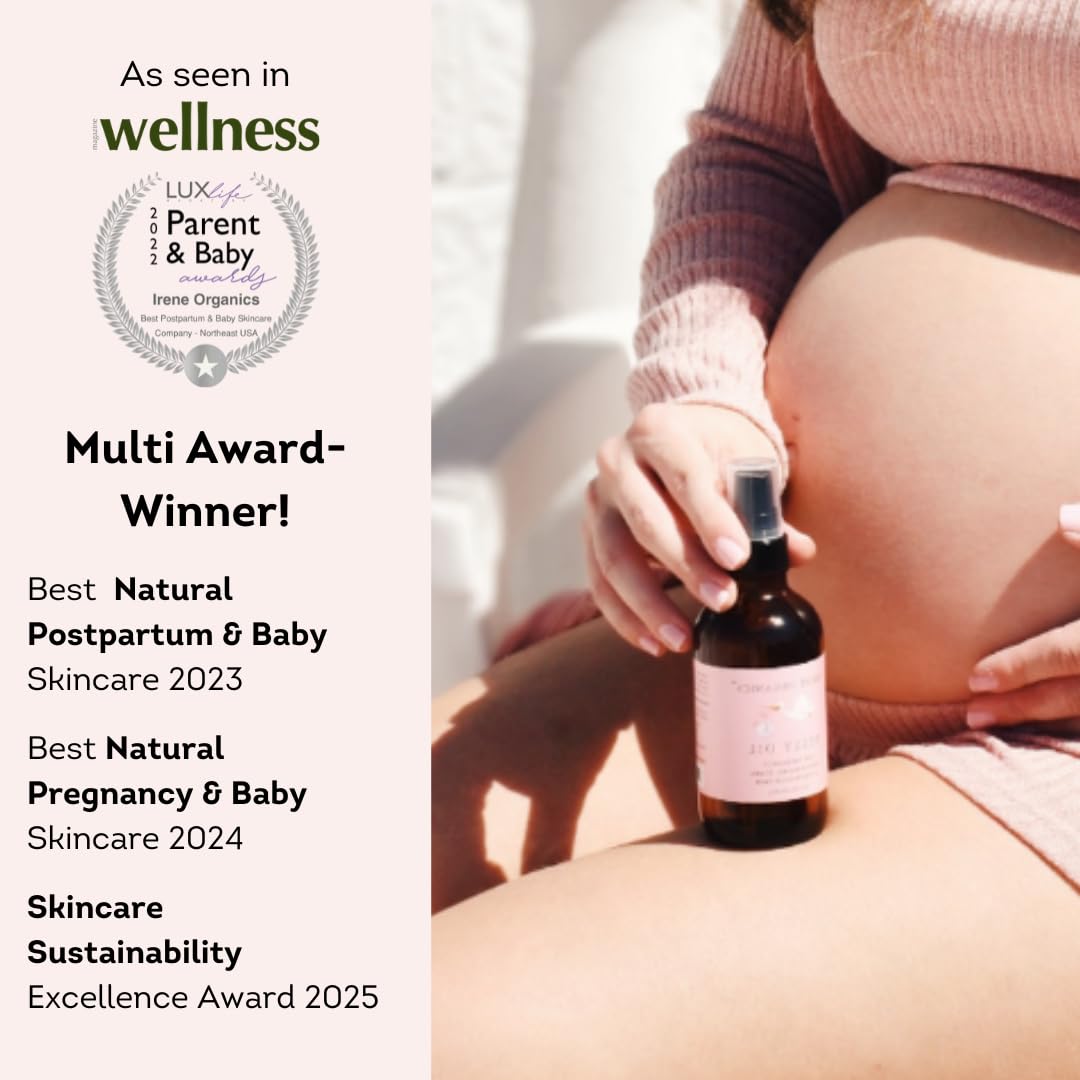 Irene Organics unscented belly oil highlights fragrance-free formula for sensitive moms.