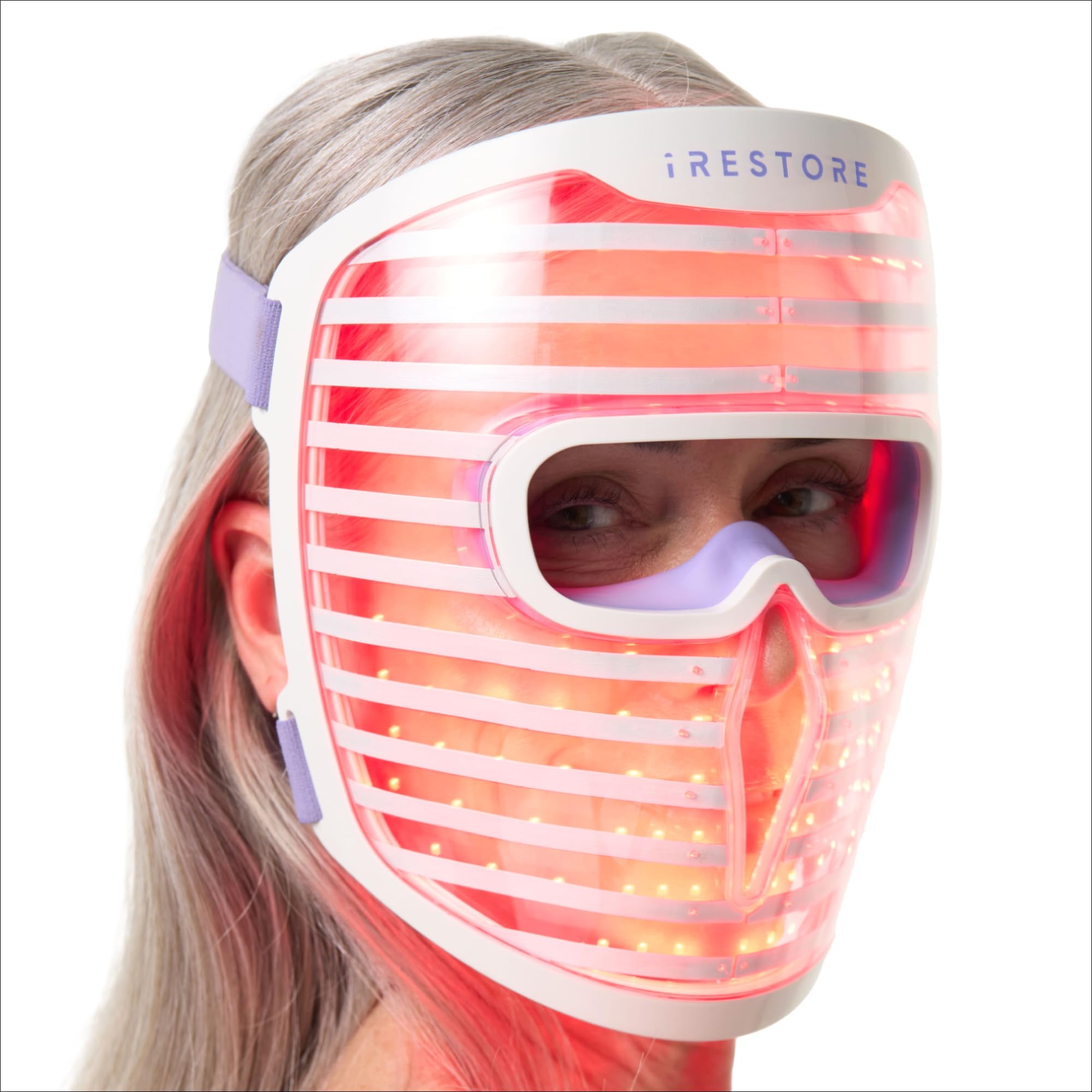 iRestore LED Face Mask shown with 360 LEDs for at-home rejuvenation.