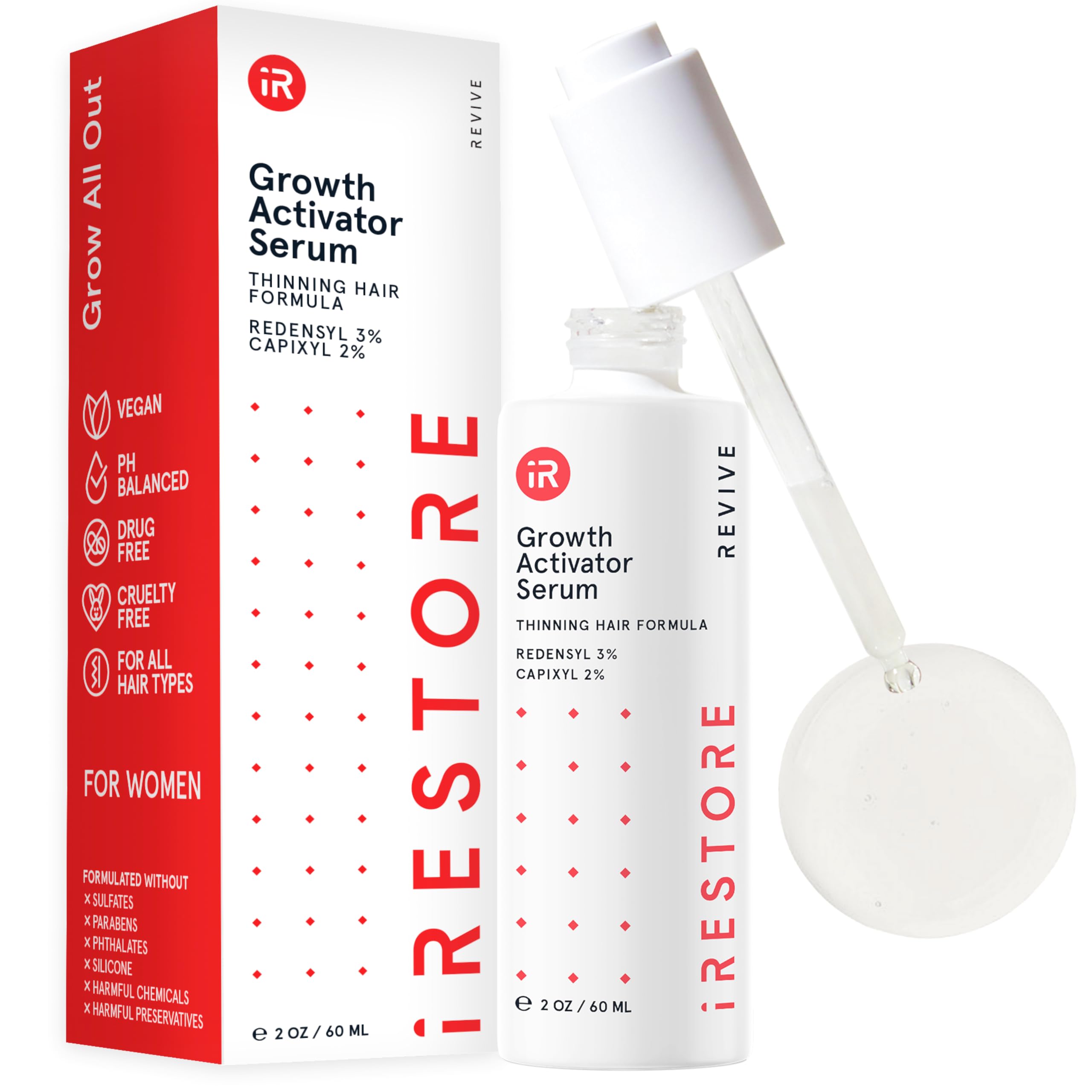 iRestore Scalp Serum bottle with dropper demonstrates fast-absorbing hydration.