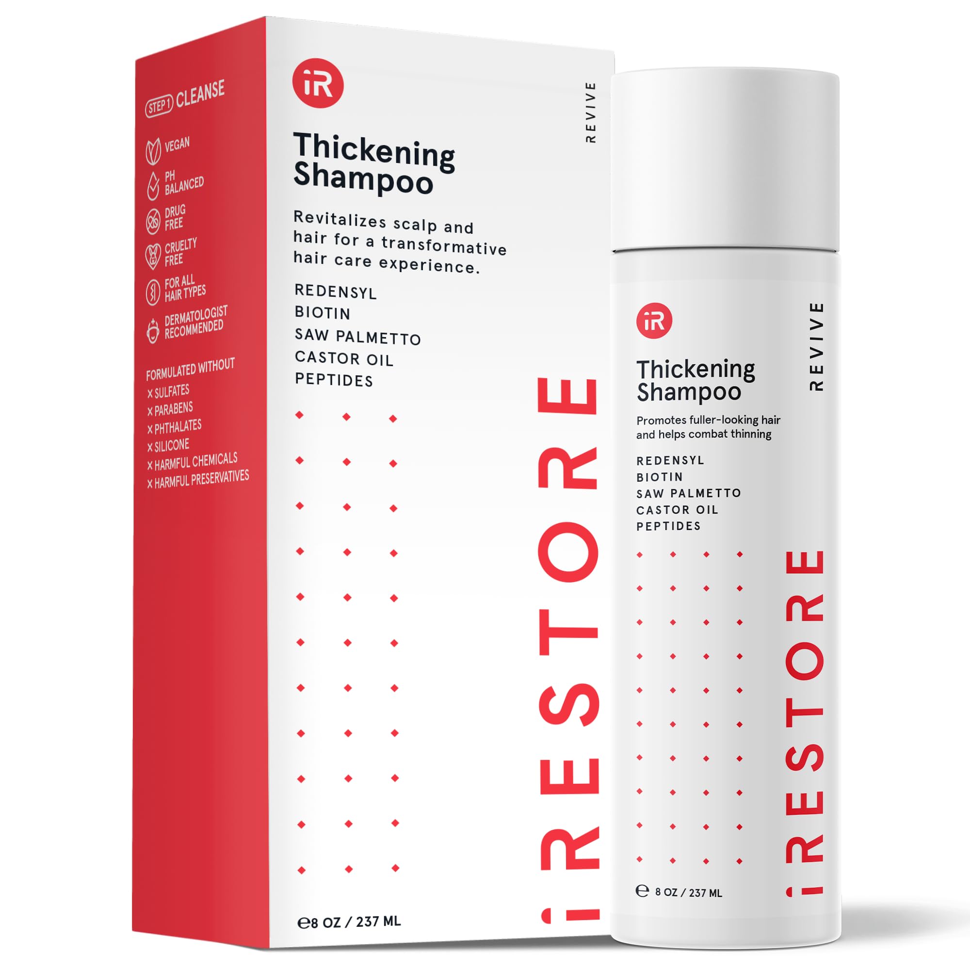 iRestore shampoo bottle front with volumizing formula for thicker-looking hair and scalp care.