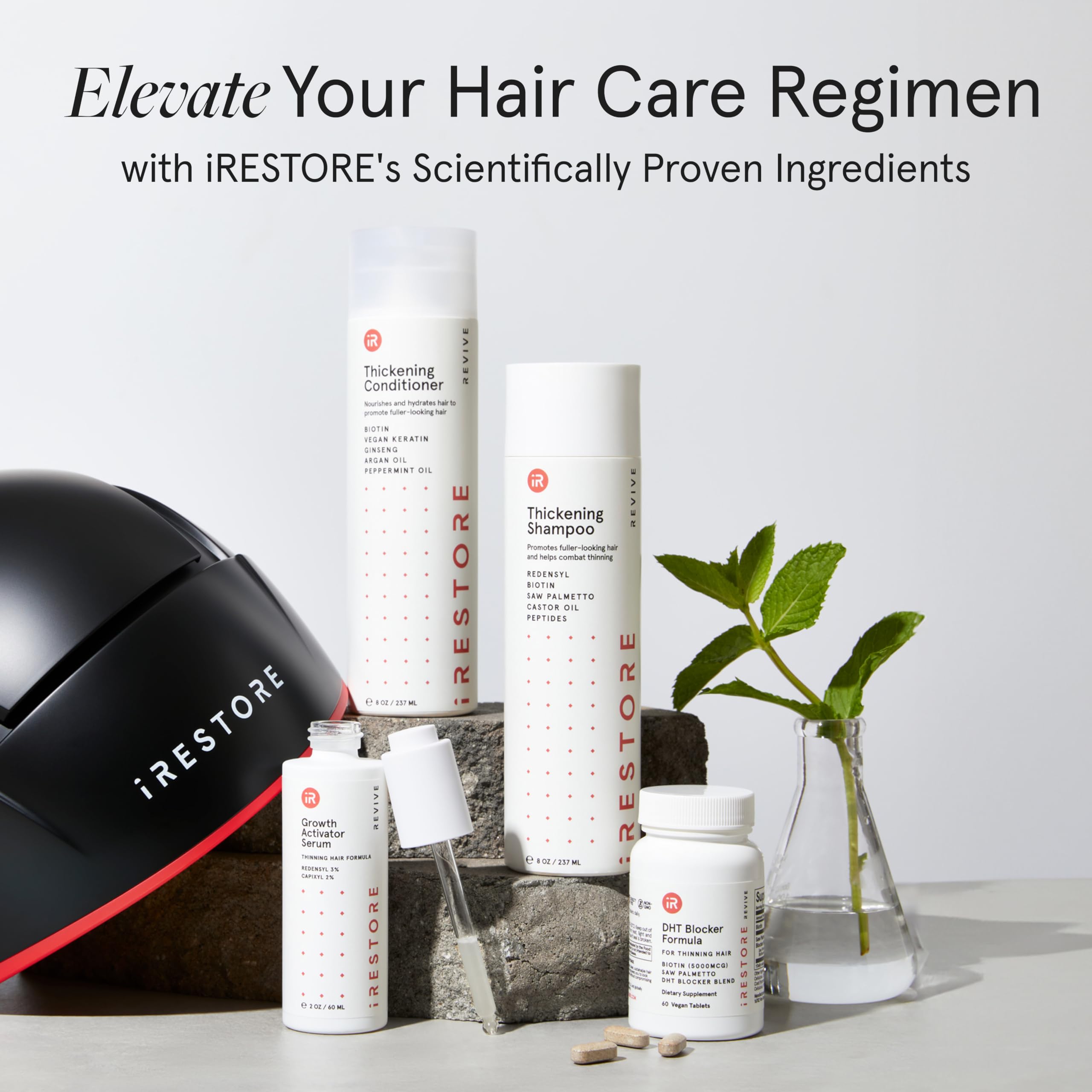 iRestore shampoo image showing thicker-looking strands after use.