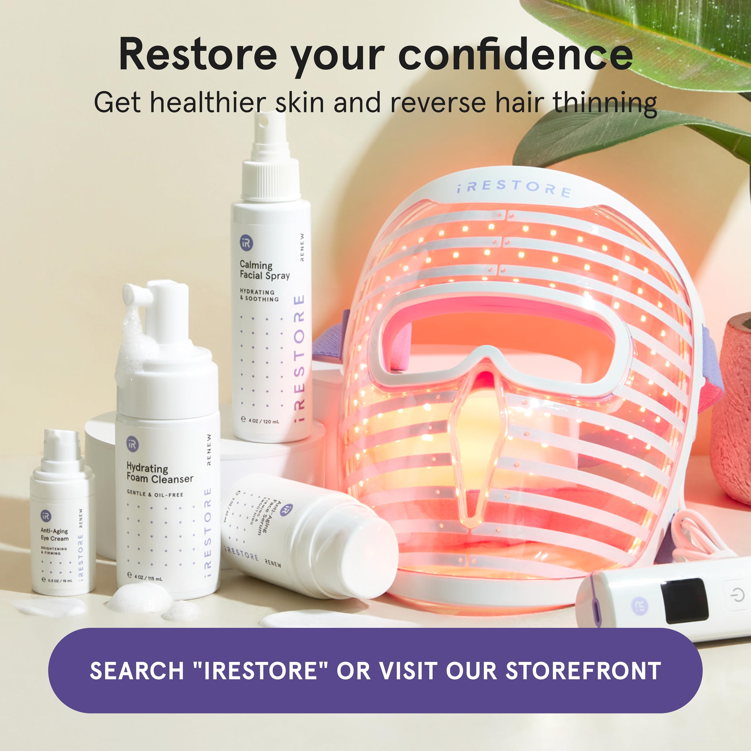 iRestore Visible skin-brightening graphic suggests smoother complexion.