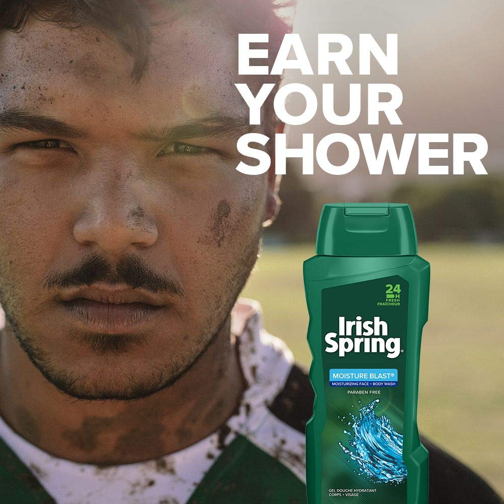 Irish Spring Moisture Blast 24-hour freshness claim illustrated