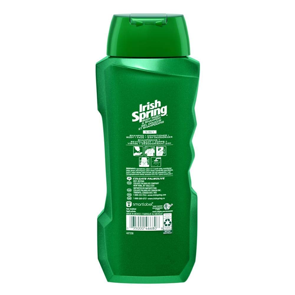 Irish Spring 5-in-1 foamy lather close-up emphasizes refreshing daily cleansing for skin and hair.
