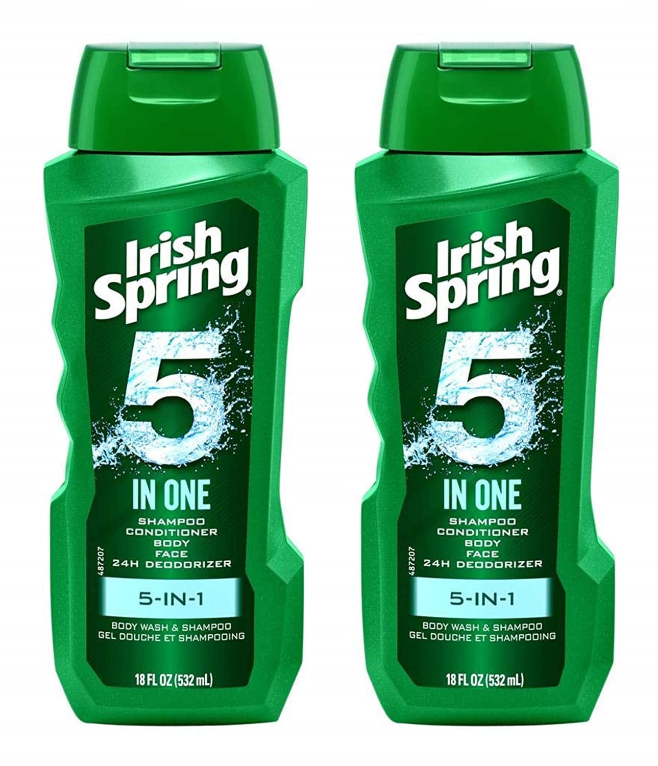 Irish Spring 5-in-1 shampoo bottle highlights all-in-one cleansing for hair, face, and body.