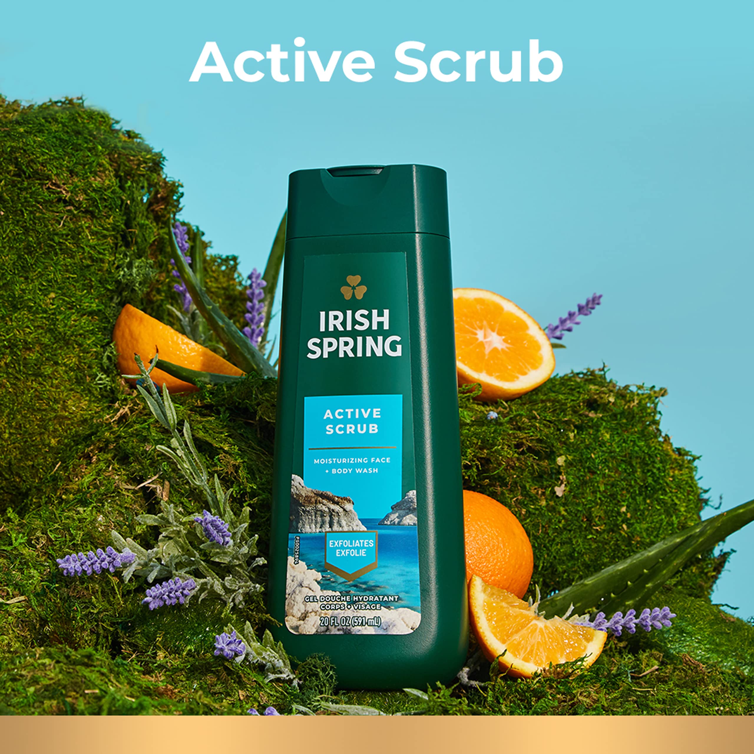 Irish Spring Active Scrub bottle label shows biodegradable ingredients and safety features.