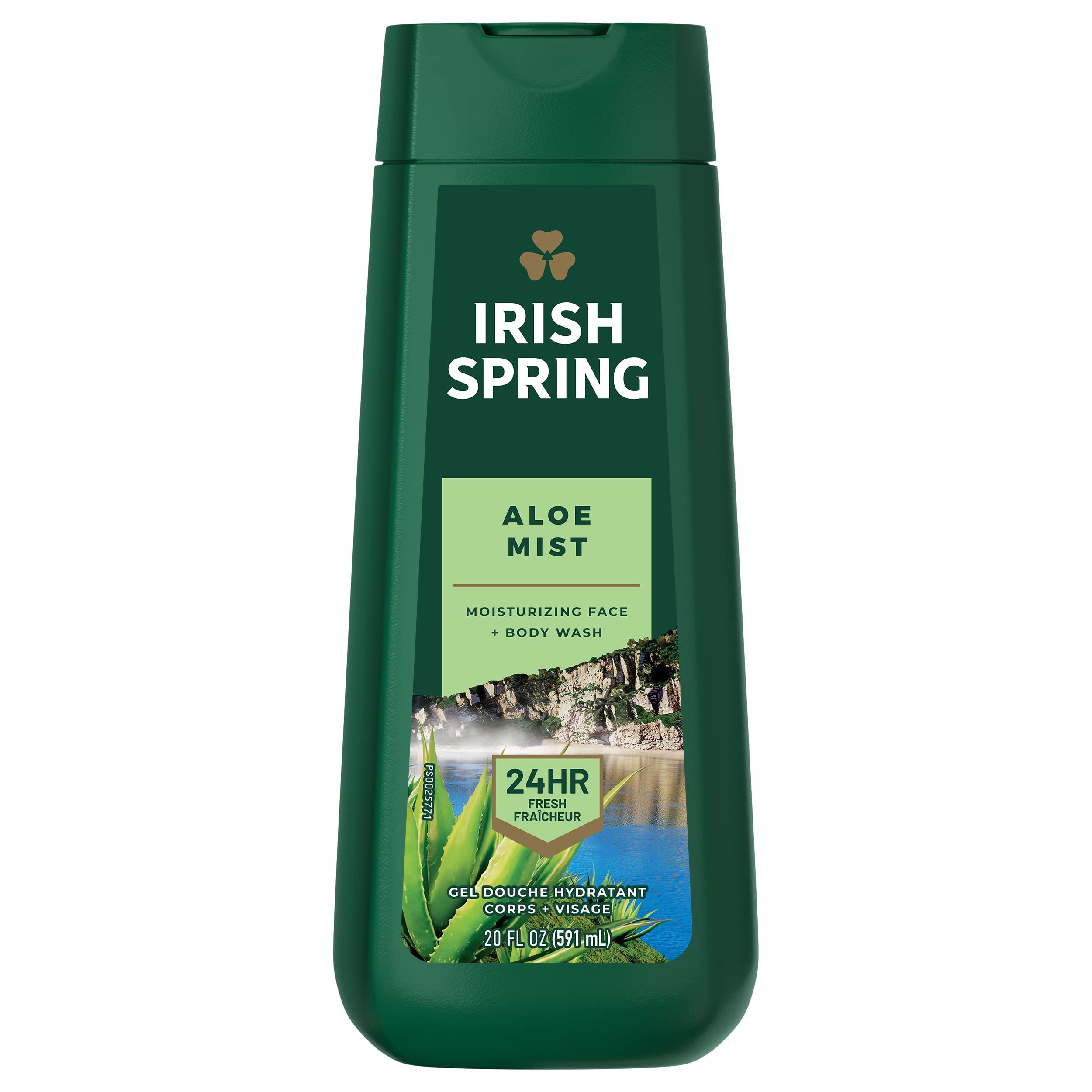 Irish Spring Aloe Body Wash bottle with crisp, refreshing scent for daily freshness.
