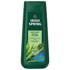 Irish Spring Aloe Mist body wash bottle front with 4-pack freshness for daily cleanses.