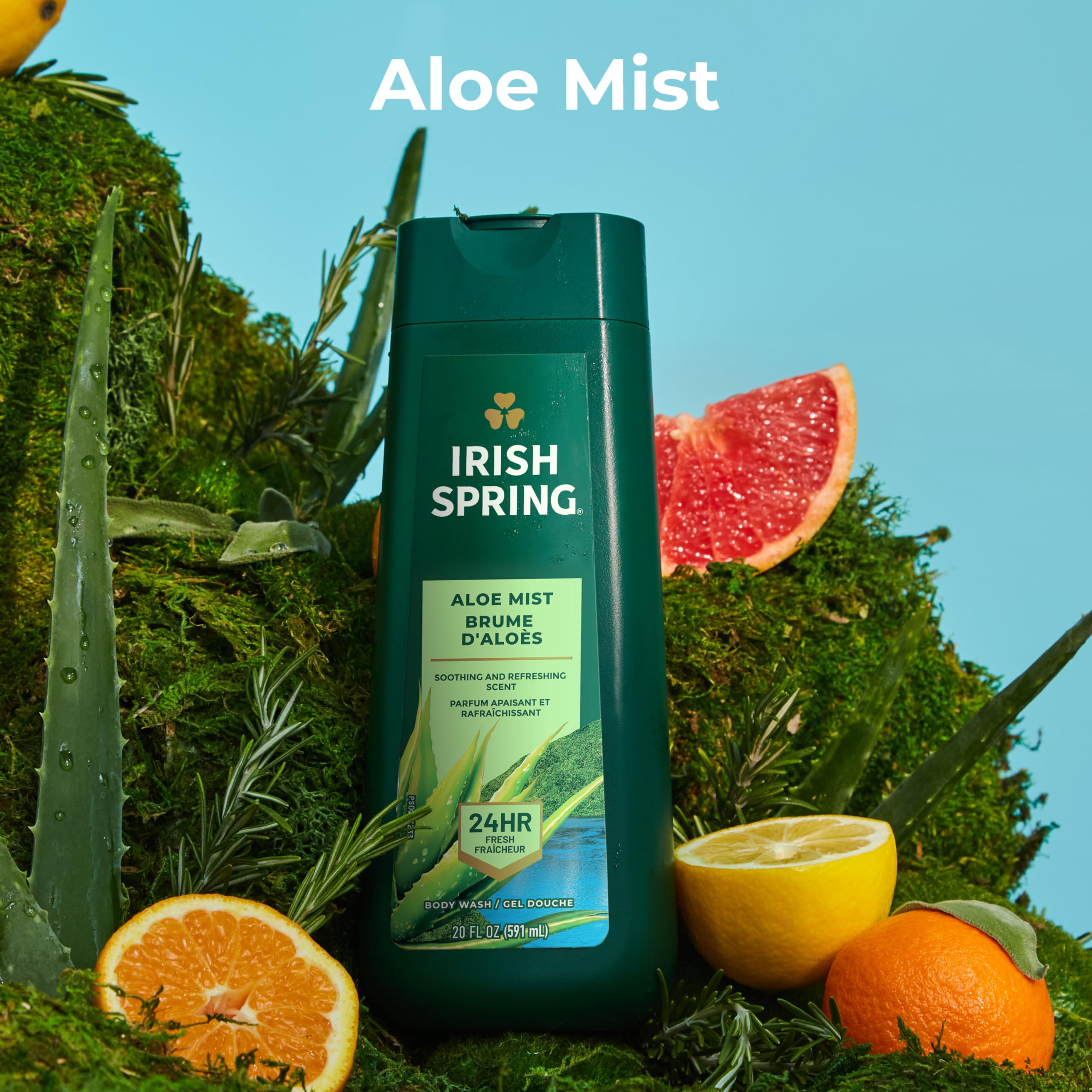 Irish Spring Aloe Mist body wash four-pack setup highlights value and convenience.