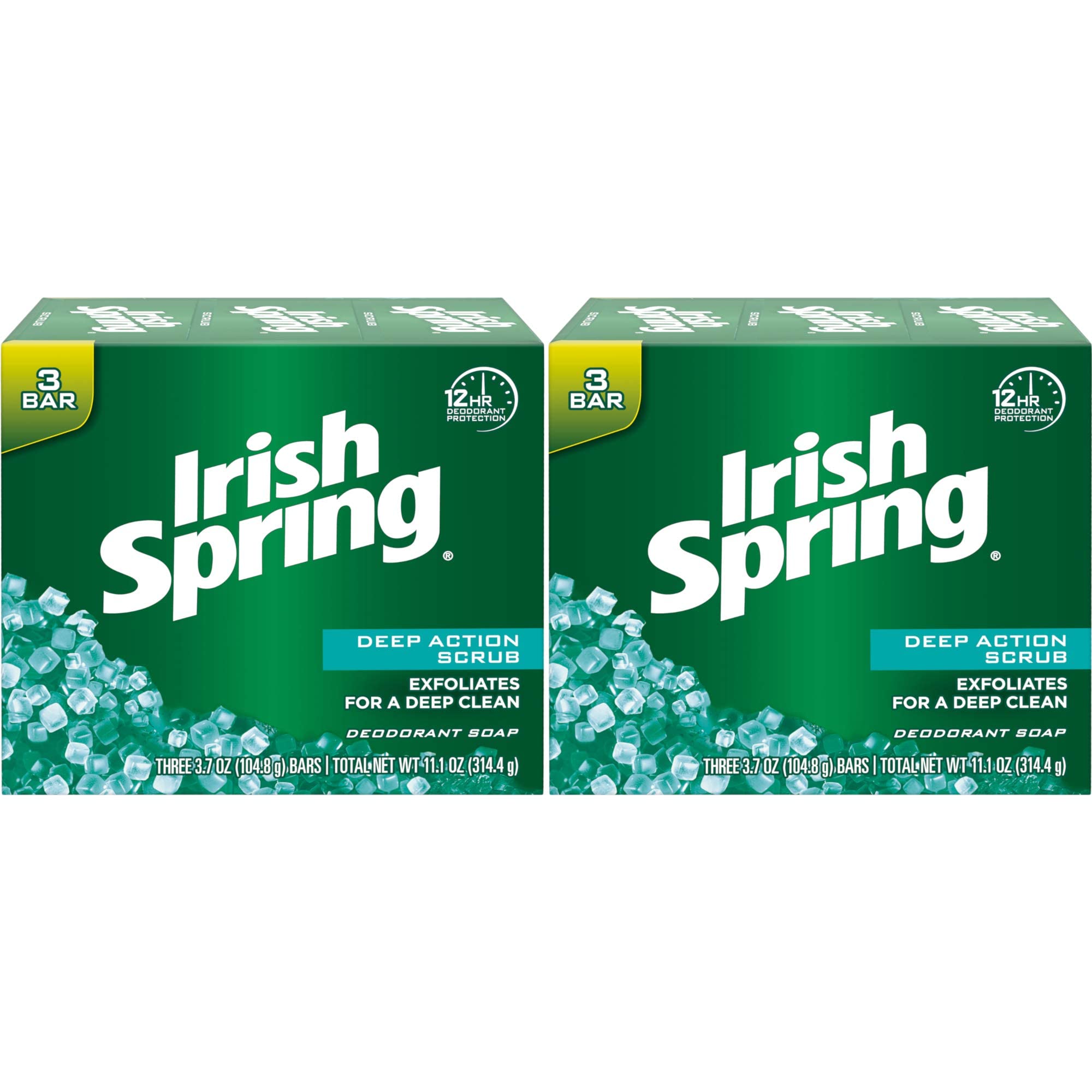 Irish Spring Deep Action Scrub bar soap exfoliation texture highlights skin renewal and smooth feel.