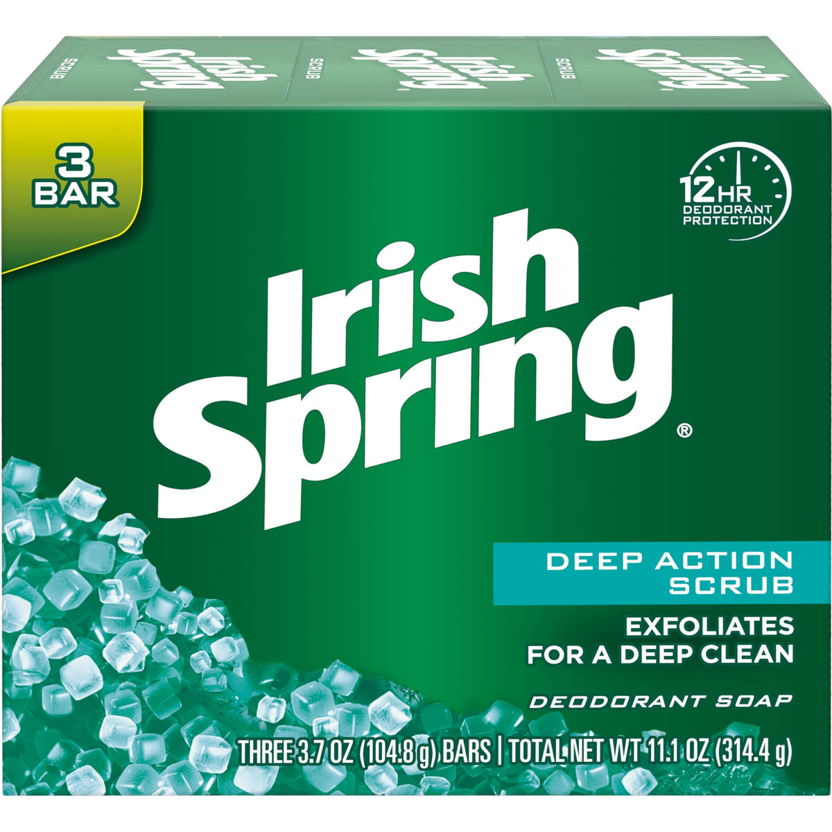 Irish Spring Deep Action Scrub bar soap close-up reveals rich lather for a refreshing cleanse.