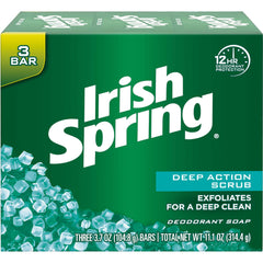 Irish Spring Deep Action Scrub bar soap close-up reveals rich lather for a refreshing cleanse.