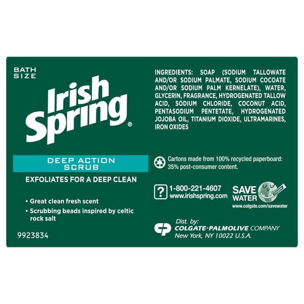 Irish Spring Deep Action scrub bar soap 12-hour protection signals long-lasting deodorant freshness