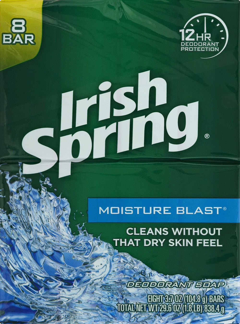 Irish Spring Moisture Blast bar soap close-up highlighting refreshing scent and moisturized skin
