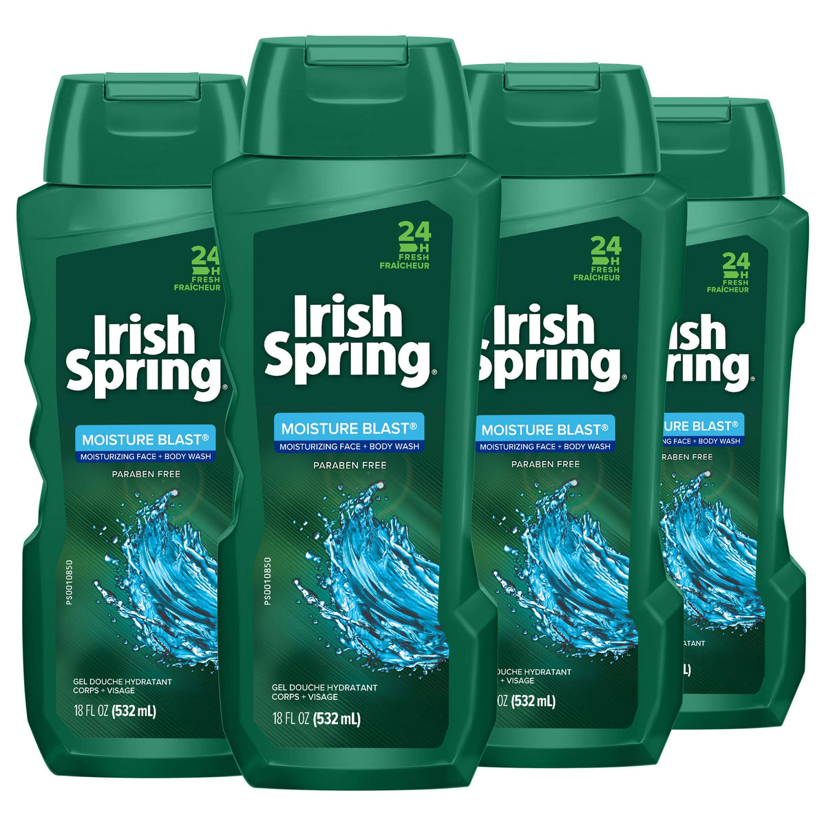 Irish Spring Moisture Blast body wash bottle shows 18 oz size for daily freshness