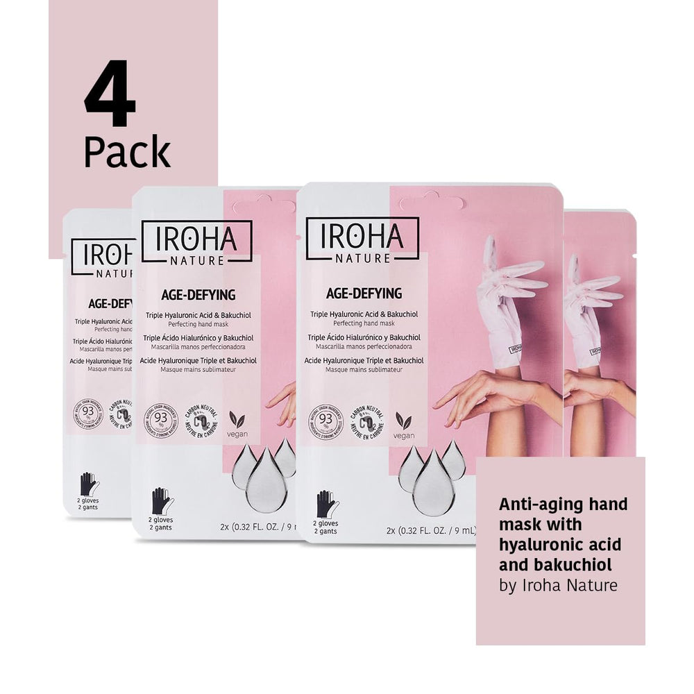 IROHA NATURE anti-aging hand mask gloves on hand closeup highlights hydrating, smoothing benefits