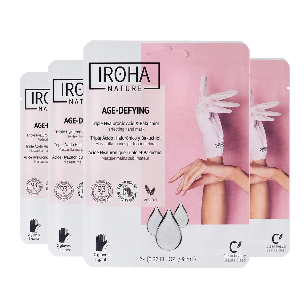 IROHA NATURE anti-aging hand mask gloves pack front shows 4-pair box for easy at-home care