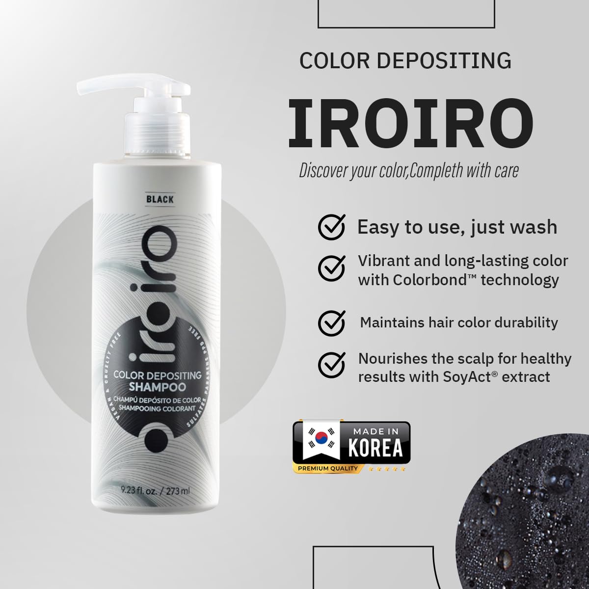 iroiro black pump dispensing rich shampoo texture that deposits color and nourishes