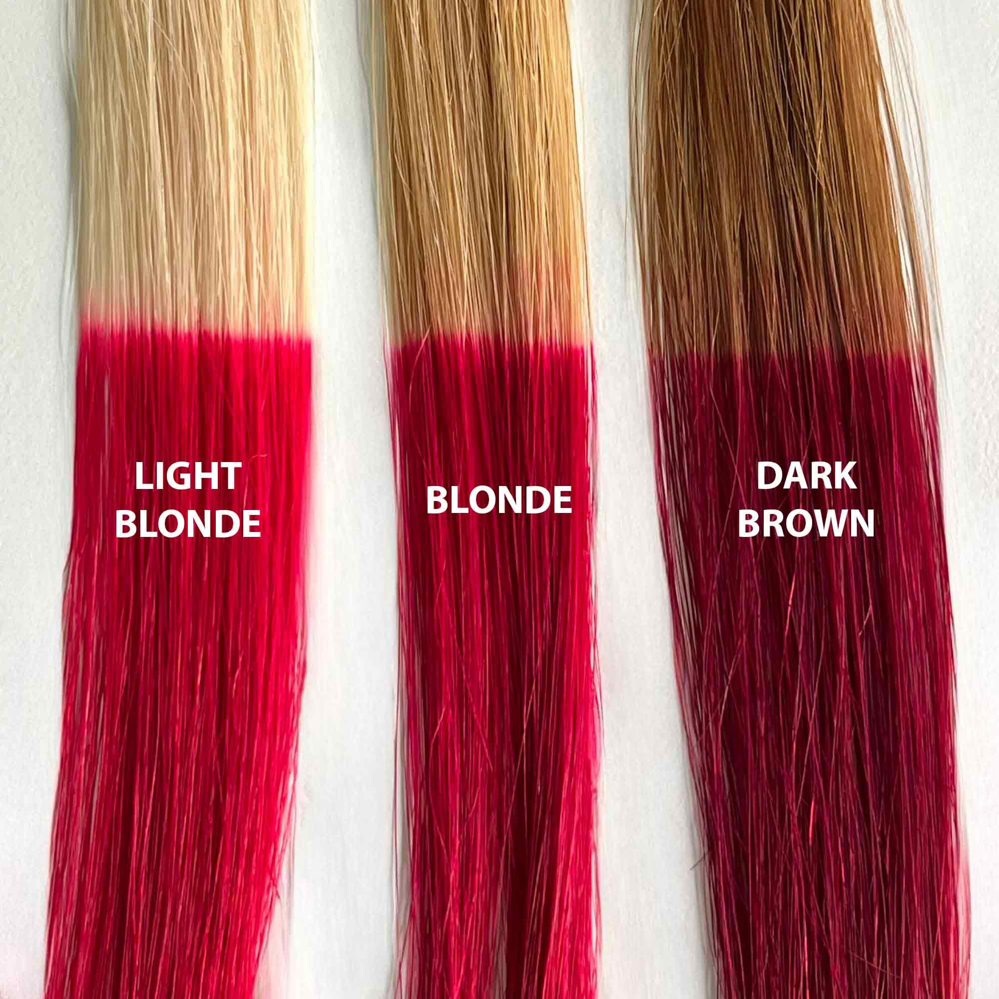 iroiro finished neon red on long hair showing glossy color and healthy shine benefit