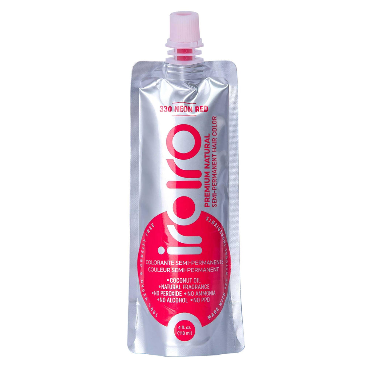 iroiro eco-pouch front view showing neon red shade and sustainable packaging benefit