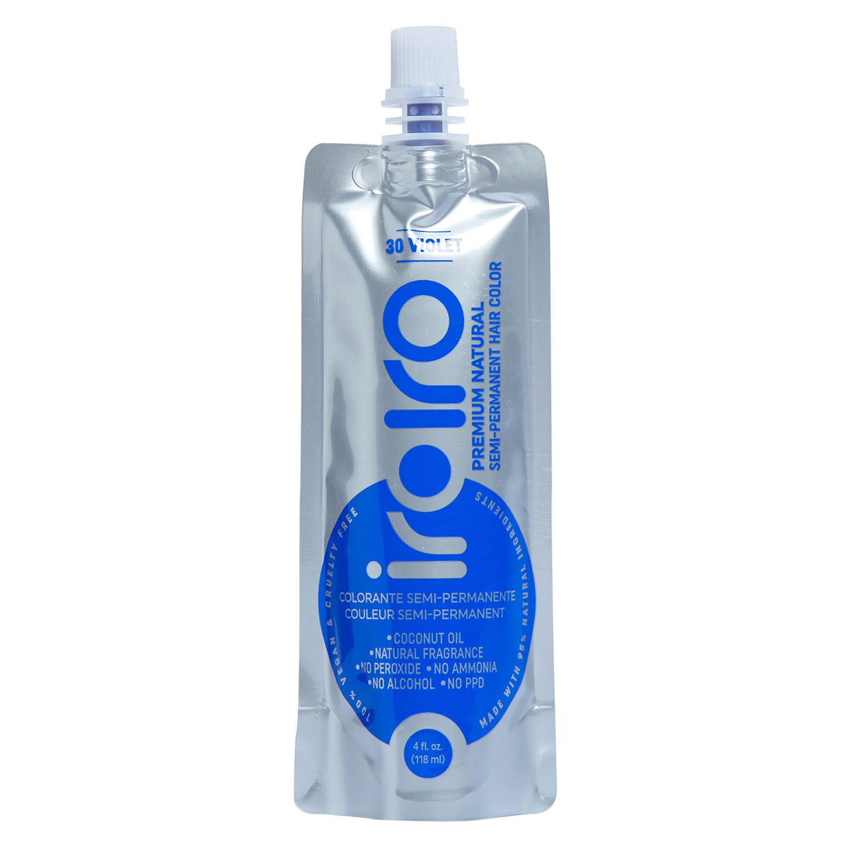 iroiro front packaging showing 4oz eco-pouch and vibrant violet color benefit: clear product info