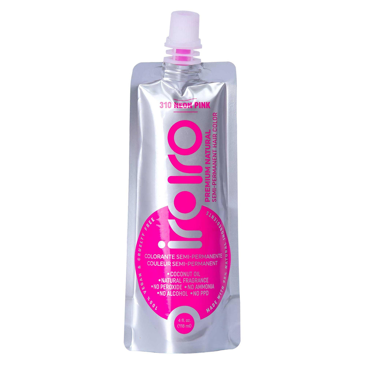 IROIRO Neon Pink 310 bottle shows vibrant color with coconut oil nourishment.