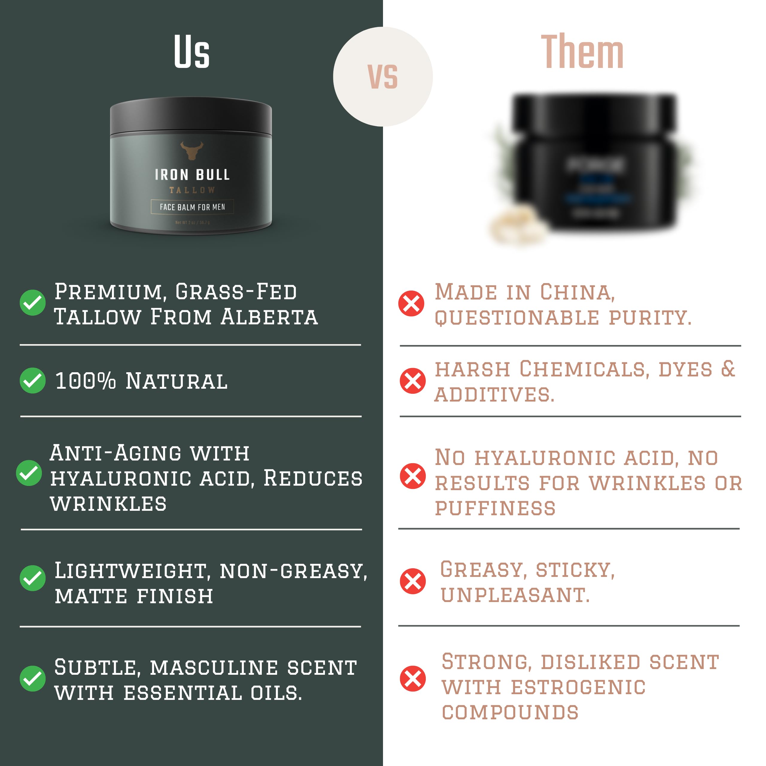Iron Bull Tallow Face Moisturizer ingredient panel highlighting hyaluronic acid.