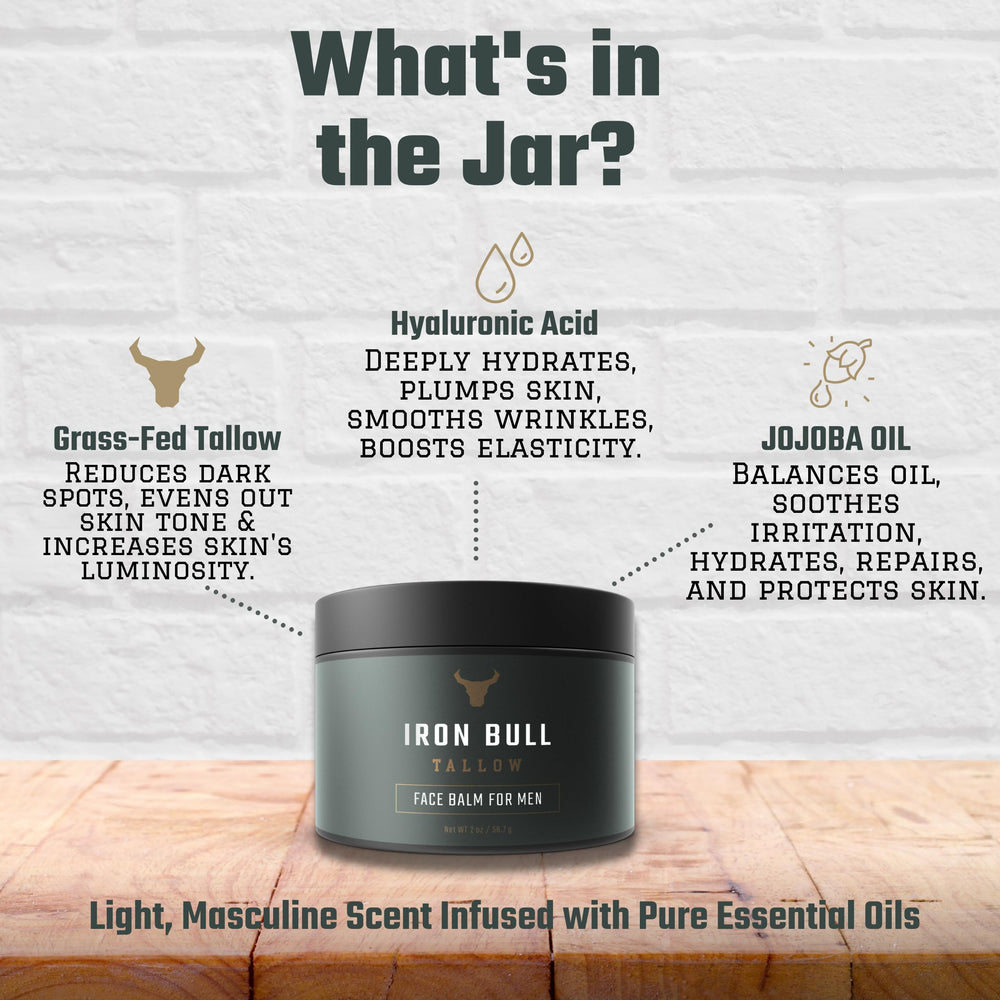 Iron Bull Tallow Face Moisturizer packaging with sandalwood and grapefruit scent.