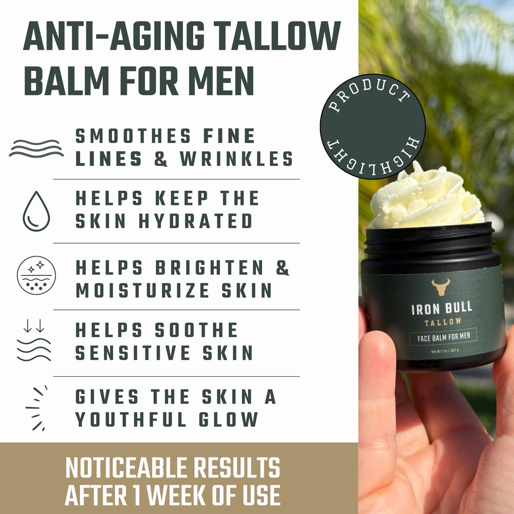 Iron Bull Tallow Face Moisturizer travel jar on bathroom shelf.