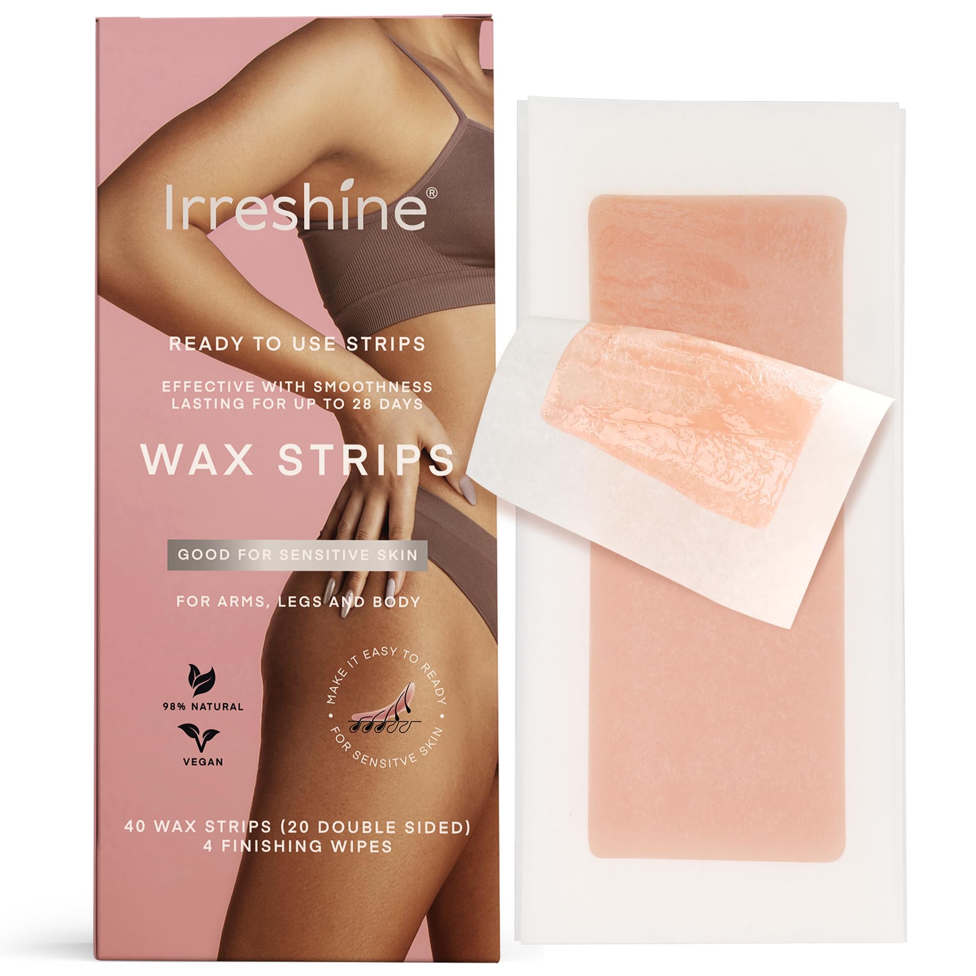 irreshine wax strips packaging shows vegan 40-count kit for home waxing